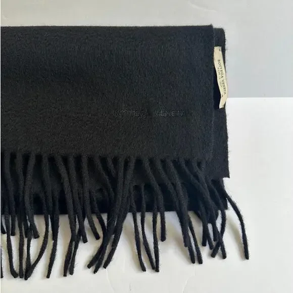Bottega Veneta Logo Stamped Scarf Black Wool Cashmere Fringe Ends